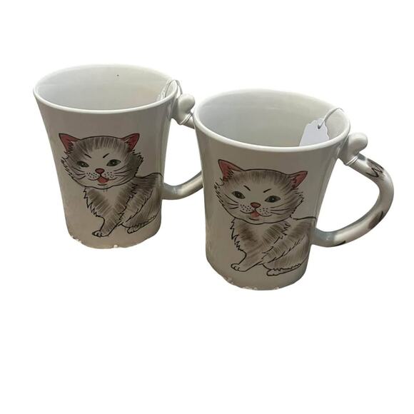 Pier 1 Hand Painted Gray Cat Tail Mugs Set of 2 - Picture 1 of 5